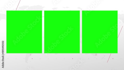 Three box split screen for news, interviews, live broadcast, tv shows, live streaming. Green chroma key cut, 4K loopable world map background with red elements, simplicity and minimalism design.