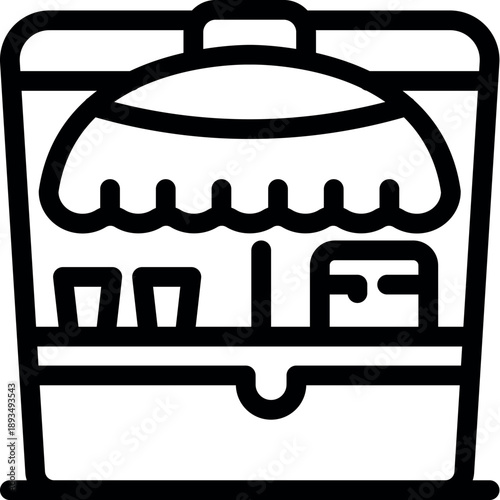 Outdoor kiosk offering refreshments, featuring glasses, a cash register, and protective coverings