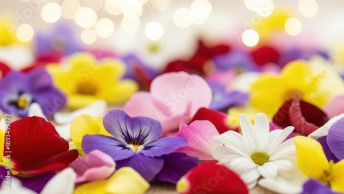 Close up of vibrant flowers and petals with bokeh background