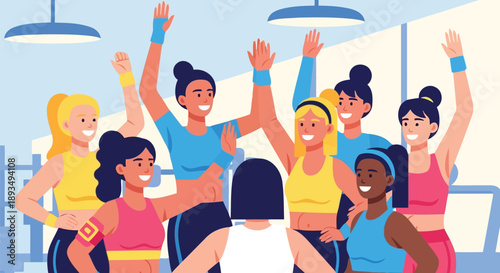 Women raising hands in fitness class gym vector illustration group