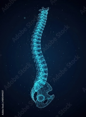 Detailed wireframe illustration of a human spine viewed from the side, showcasing vertebrae and pelvis in a dark blue background with a futuristic feel