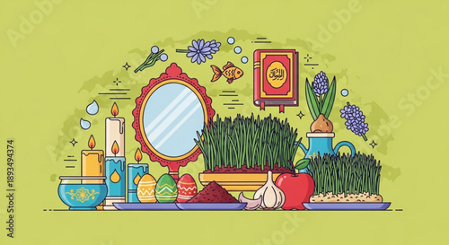 Traditional nowruz celebration symbols colorful still life with mirror candles flowers and food on a green background representing spring and renewal