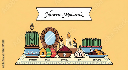 Traditional nowruz celebration setup with symbolic items on a decorative tablecloth festive arrangement