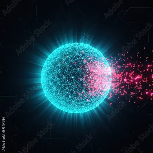 A glowing blue sphere emitting bright light and red particles against a dark background from a close-up viewpoint