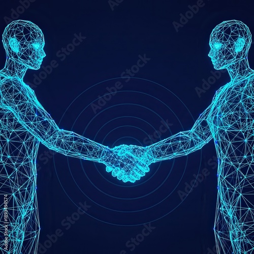 Two wireframe figures shaking hands in a gesture of partnership and cooperation