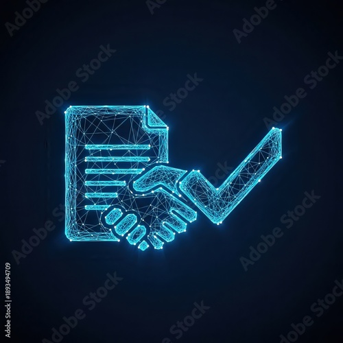 A neon blue handshake and document with a checkmark, symbolizing agreement, against a dark background from a straightforward viewpoint