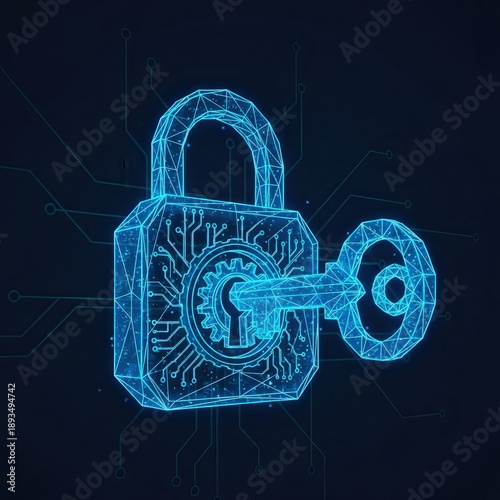 A digital illustration of a padlock and key on a dark background, symbolizing cybersecurity and data protection from a front viewpoint.