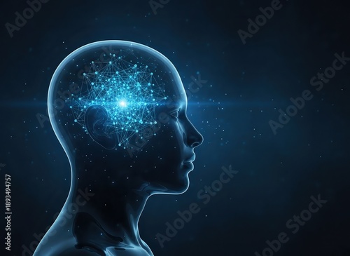 A human head with a glowing blue brain, surrounded by sparks and light, viewed from the side in a dark environment