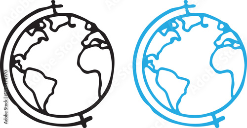 World globe in flat, line icon set. Vector Earth global country map planet line icon. Travel internet globe icon.