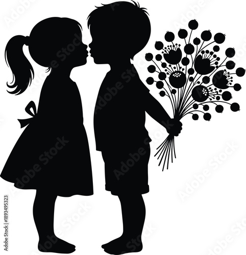 Kids silhouette couple kissing with boy holding flower bouquet symbolizing innocent childhood love romance vector illustration flat black design