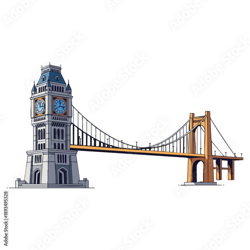 Flat vector illustration of a historic clock tower landmark and a golden suspension bridge isolated on a white background