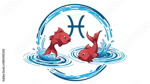 Two cartoon red fish swimming in opposite directions inside a circular water splash, with the astrological symbol for the Pisces zodiac sign.