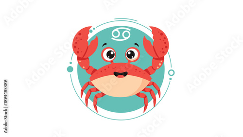 Cute cartoon illustration of the Cancer zodiac sign featuring a happy red crab inside a circular frame with its symbol.