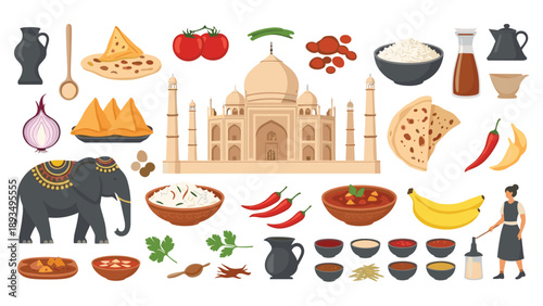 Large collection of Indian cultural icons and national symbols including the Taj Mahal, food, an elephant, and spices.