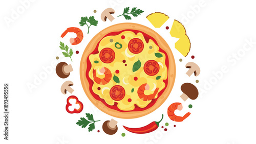 Top-down view of a delicious shrimp pizza surrounded by a circle of fresh ingredients like mushrooms, tomatoes, and herbs.