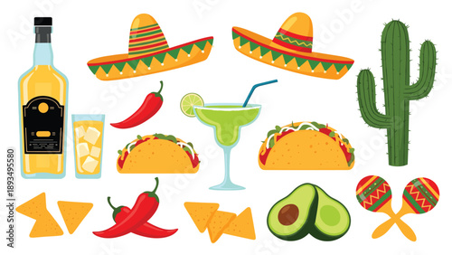 Vibrant collection of traditional Mexican cultural symbols including tacos, sombreros, tequila, and a margarita cocktail.