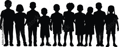 Group of children silhouette standing together diversity unity friendship community concept vector illustration black minimal flat design for education inclusion