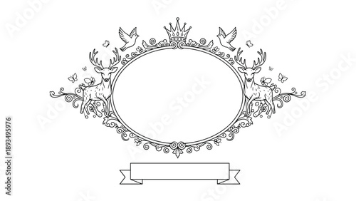 Ornate black and white heraldic frame with two deer, doves, and a crown, perfect for a royal or wedding invitation.