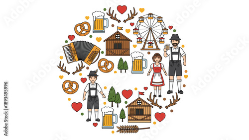Circular collection of colorful line art icons representing the German Oktoberfest festival with beer, pretzels, and people.