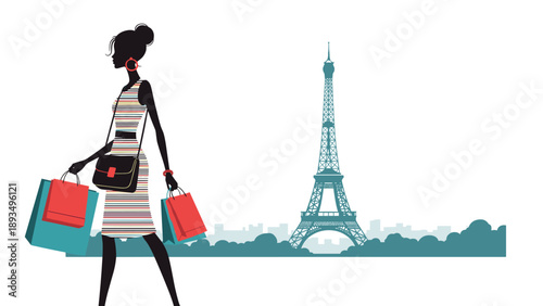Fashionable silhouette of a chic woman with shopping bags walking in Paris with the Eiffel Tower in the background.