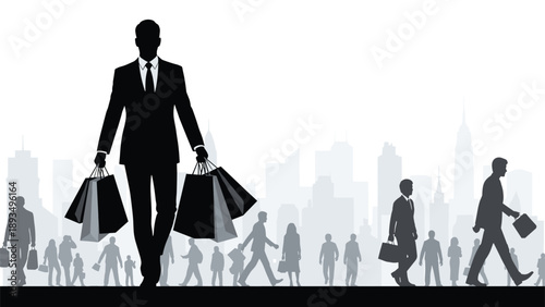 Silhouette of a businessman carrying shopping bags, standing out from a crowd of people against a city skyline background.