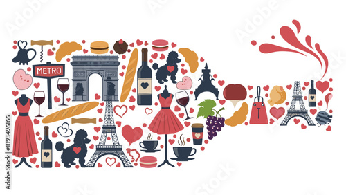 Collection of classic French and Parisian cultural icons arranged together to form the shape of a red wine bottle.