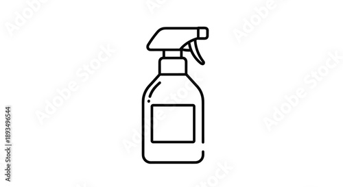 Clean black line art drawing of a plastic spray bottle used for cleaning solutions or disinfectant against a white background.