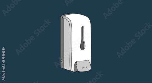 Illustration of a modern wall mounted automatic soap or sanitizer dispenser against a dark blue background for hygiene.