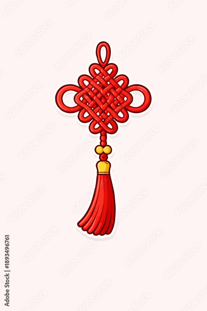 Obraz premium Chinese knot decoration, flat vector design, symmetrical weaving pattern, red color, minimal highlights, clean line art.