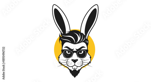 Cool character illustration of a rabbit head with a stylish hairstyle, beard, and sunglasses against a yellow circular background.