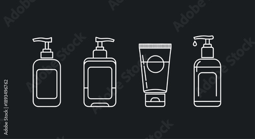 Set of four white line icons representing various skincare and personal care products like pump bottles and a tube on black background.