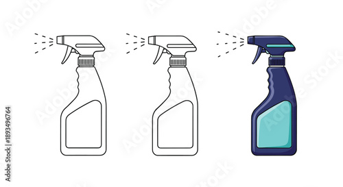 Illustration showing three spray bottles for cleaning or hair care, with two in outline and one in blue color with spray mist.
