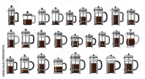 Extensive collection of various french press coffee maker designs in different sizes and states of brewing in a flat illustration style.