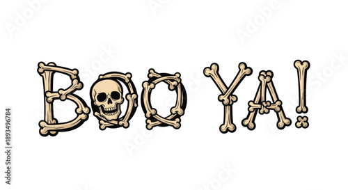 Creative Halloween typography featuring the phrase BOO YA! spelled out with human bones and a skull in the center for fun spooky design.