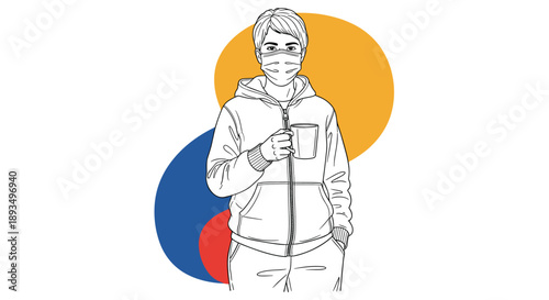 Illustration of a person wearing a hoodie and protective face mask while holding a mug, set against a background of large colorful circles.