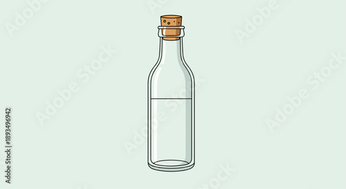 Simple illustration of a clear glass bottle with a cork stopper, filled halfway with a transparent liquid on a light green background.