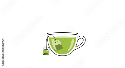Minimalist illustration of a glass cup of hot green tea with a tea bag inside, representing relaxation and healthy beverage choices.