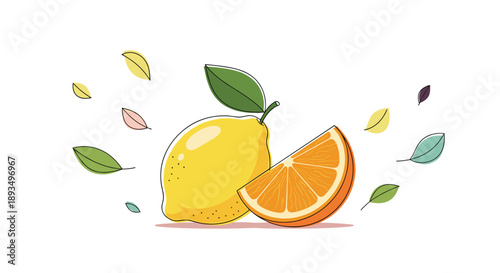 Fresh fruit illustration featuring a whole yellow lemon and a juicy orange slice surrounded by colorful falling autumn or citrus leaves.