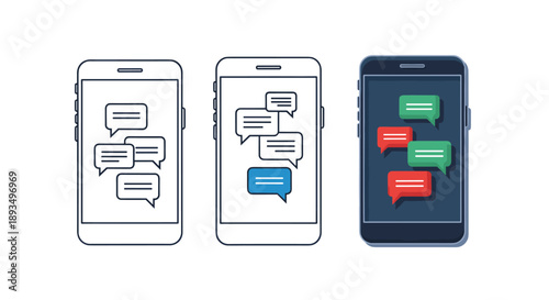 Set of smartphone icons displaying mobile messaging interfaces with colorful chat bubbles in light, outlined, and dark mode themes.