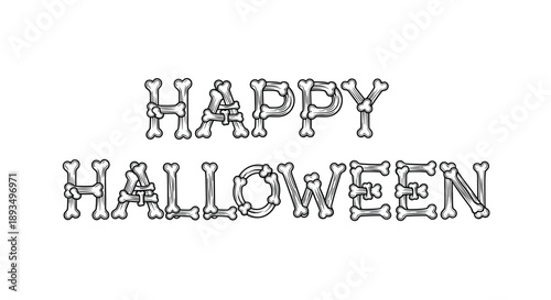 Spooky Halloween typography featuring the words happy halloween spelled out using letters made from human bone shapes in line art.