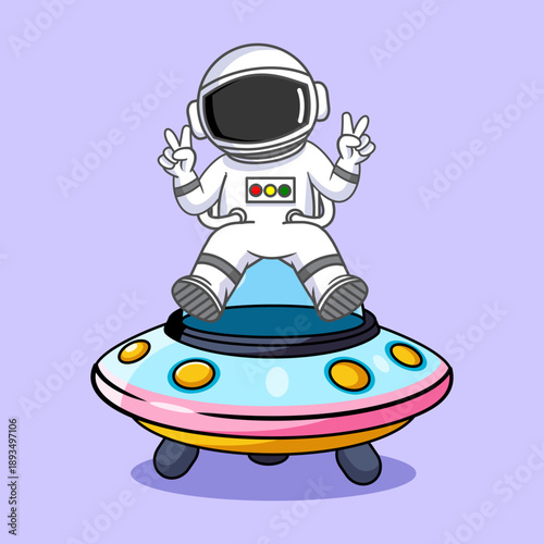 Astronaut Sitting on UFO with Peace Signs Vector Illustration Cartoon Design