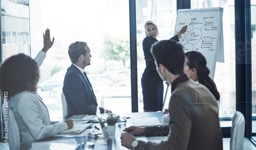 Konstfotografi Businesswoman, presentation and people in office with question, plan and training for company branding