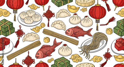 Chinese New Year Traditional Food and Cultural Elements Seamless Pattern Illustration