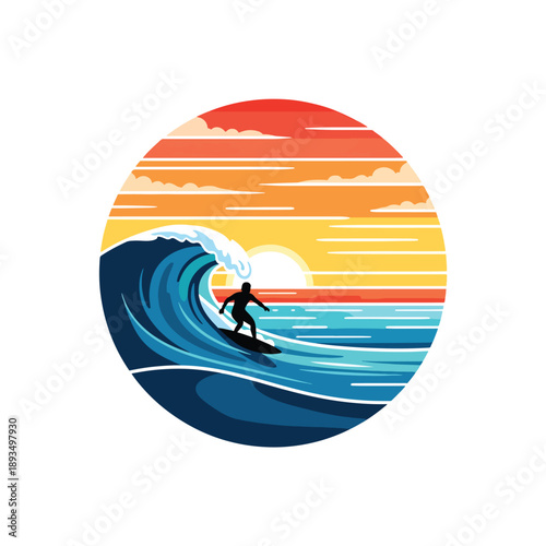 Dynamic Surfer Silhouette Riding Ocean Wave at Sunset, Tropical Beach Illustration