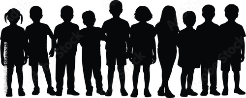 Children silhouette group standing together representing diversity unity friendship community education inclusion concept vector illustration black minimal flat design