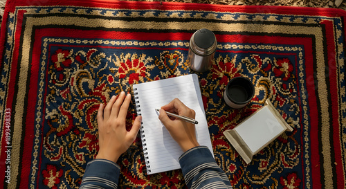 Hands writing in spiral notebook on colorful patterned rug outdo