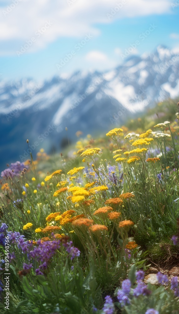 Fototapeta premium Vibrant alpine wildflowers bloom on a hillside bathed in springtime’s gentle mountain light