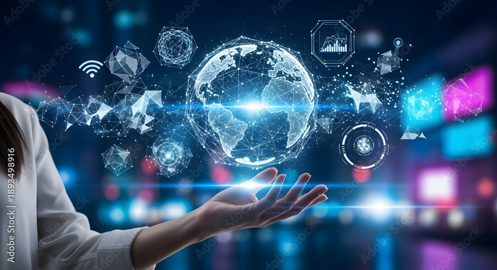 Fototapeta premium Global Digital Interaction: A person's hand, cradles a digital representation of the globe, with interconnected symbols representing modern technology.