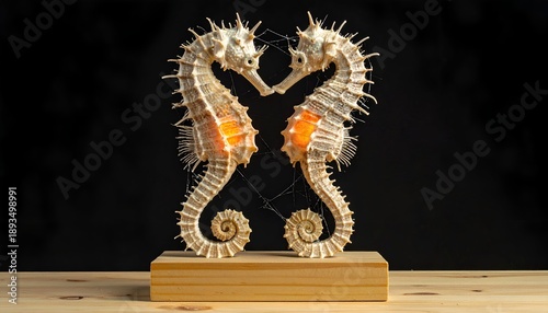 Two seahorse figurines in a heart shape with internal orange lighting