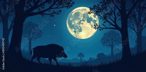 Silhouetted wild boar foraging under moonlit forest canopy , hunting, predator, woods